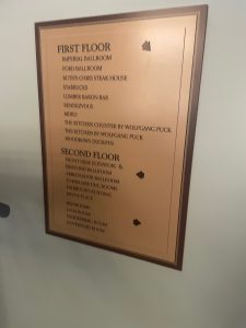 Building Floor Directory Sign A directory sign listing first and second-floor locations within a building, including event spaces, restaurants, bars, and meeting rooms, with directional arrows for navigation.