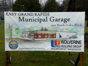 East Grand Rapids Municipal Garage Banner A banner for the East Grand Rapids Municipal Garage project, featuring an illustration of the facility with contact details for Wolverine Building Group.