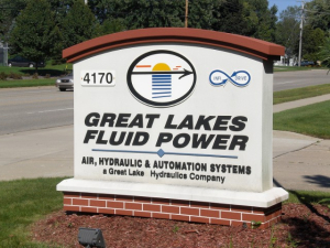 Great Lakes Fluid Power Business Sign An outdoor business sign for Great Lakes Fluid Power, displaying their logo and services in air, hydraulic, and automation systems, with the address number 4170.