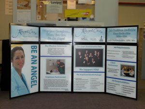 Angel Care Home Health Care Recruitment Display A multi-panel display for Angel Care Home Health Care, featuring information about job positions, mission statements, employee testimonials, and benefit packages.